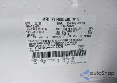 2021 Lincoln Nautilus Standard z USA, uszkodzony, nr VIN 2LMPJ6J93MBL07470